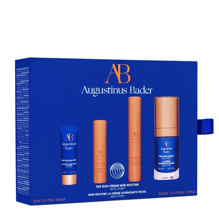 Augustinus Bader The Rich Cream Mini Routine set in blue box with four skincare products