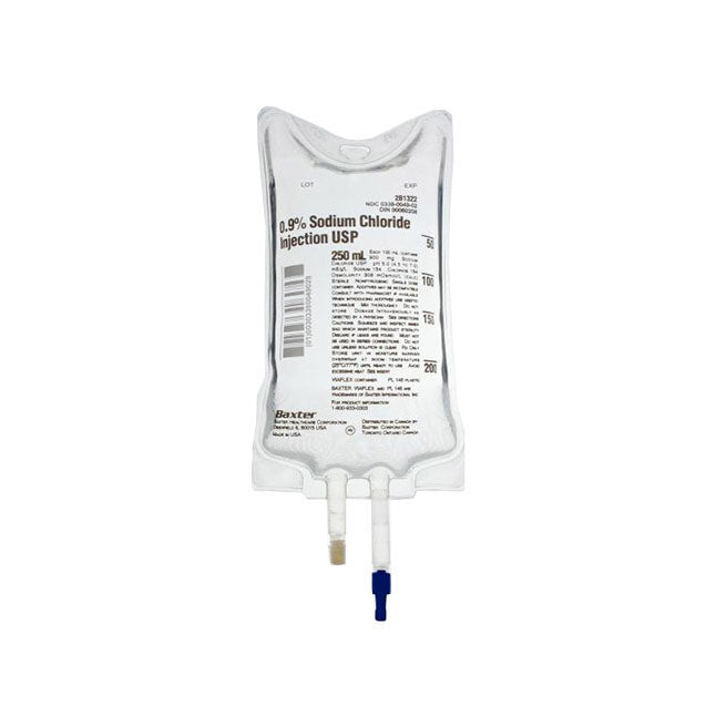 A 250 mL bag of 0.9% Sodium Chloride Injection USP is shown; it contains intravenous fluid; the bag is ready for administration.