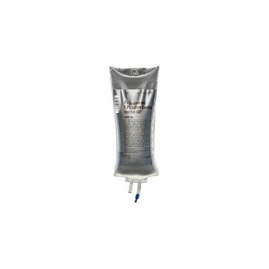 A clear IV bag labeled "5% Dextrose and 0.9% Sodium Chloride Injection USP 1000 mL" hangs, full of liquid, against a stark white backdrop.