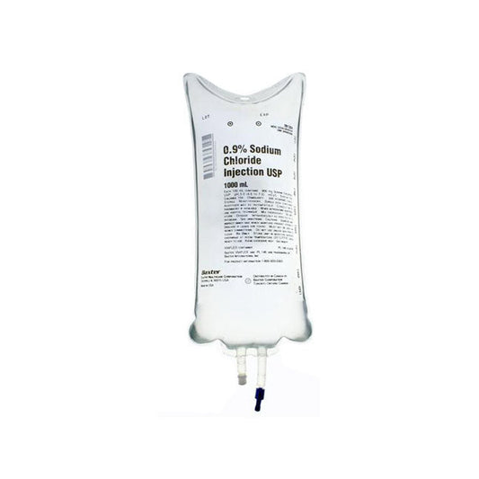A 1000 mL bag of 0.9% Sodium Chloride Injection USP is shown. It is ready for intravenous administration, on a white background.