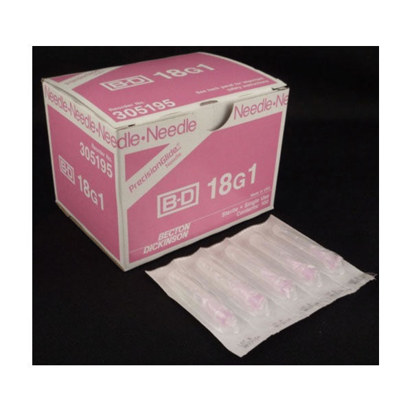 A box of BD PrecisionGlide needles (18G1, 305195) sits on a dark surface next to a sterile package of the same needles.