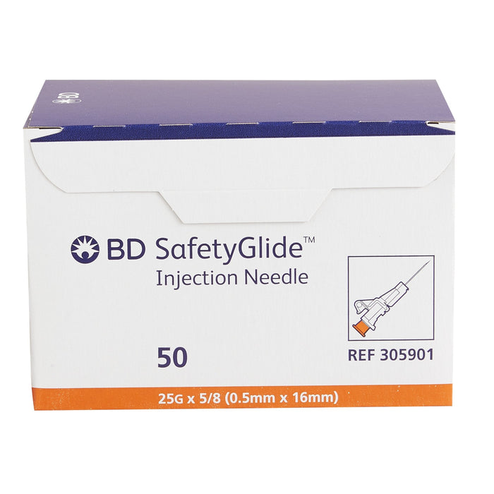 A box of 50 BD SafetyGlide injection needles sits on a white background. The box is labeled with product information including dimensions: 25G x 5/8 (0.5mm x 16mm) and REF 305901.