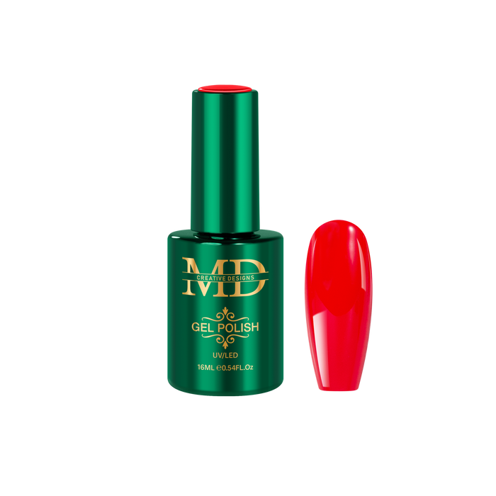 Green gel polish bottle with red nail tip color swatch next to it on a white background