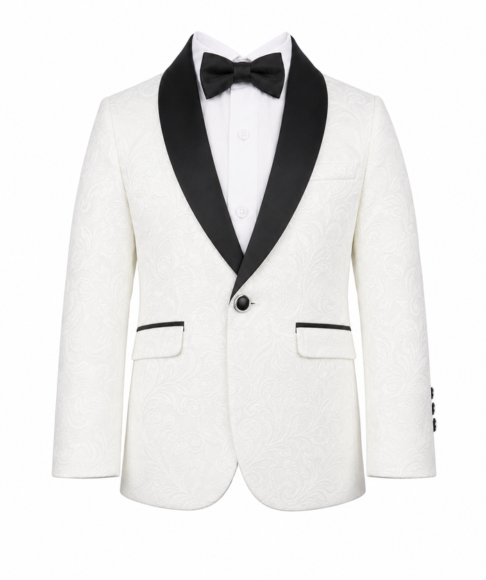 A white boy's tuxedo jacket with black satin shawl lapels, a single black bow tie, and black piping details on the pocket flaps, shown against a plain white background.