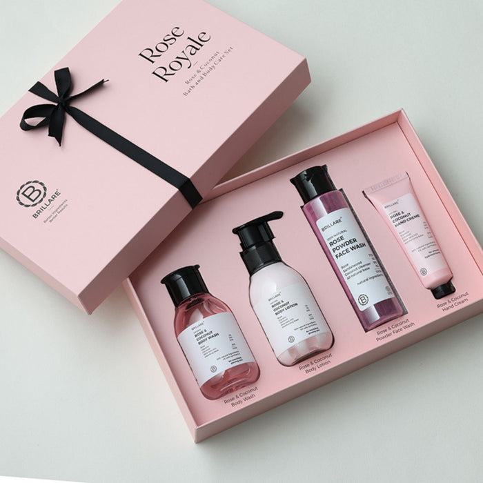 Brillare Rose Royale Gift Set (Pack of 4) - Body Wash (100ml), Body Lotion (100ml), Powder Face Wash (100g), Hand Cream (30g)
