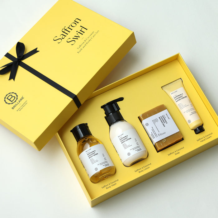 Brillare Saffron Swirl Gift Set (Pack of 4) - Body Wash (100ml), Body Lotion (100ml), Soap (75g), Hand Cream (30g)