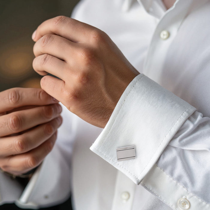 Brushed & Polished Rhodium Plated Rectangle Cufflinks