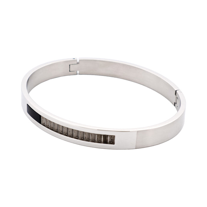 Brushed & Polished Stainless Steel Bangle with Onyx & A Raw Corrugated Inlay