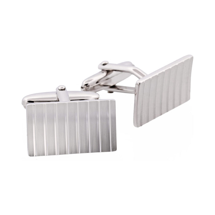 Brushed Rhodium Plated Diamond Cut Striped Rectangle Cufflinks