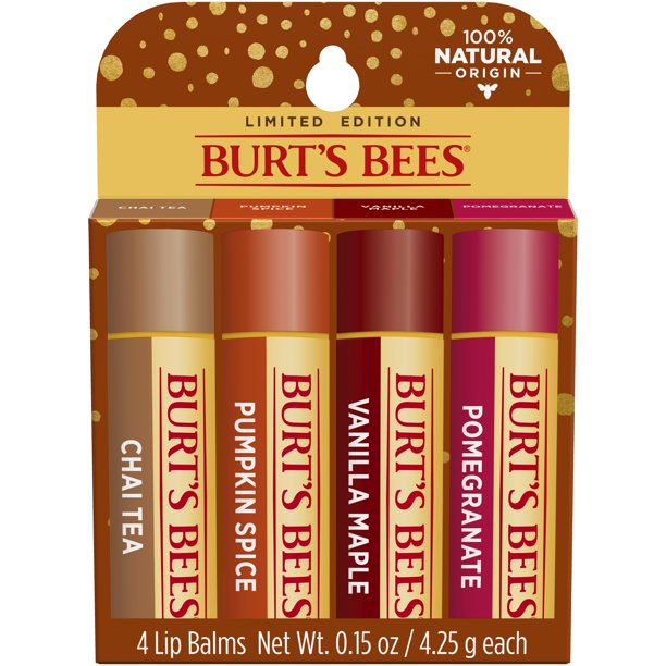 BURTS BEES Lip Balm Holiday Pack, Chai Tea, Pumpkin Spice, Vanilla Maple, Pomegranate, 4 Tubes