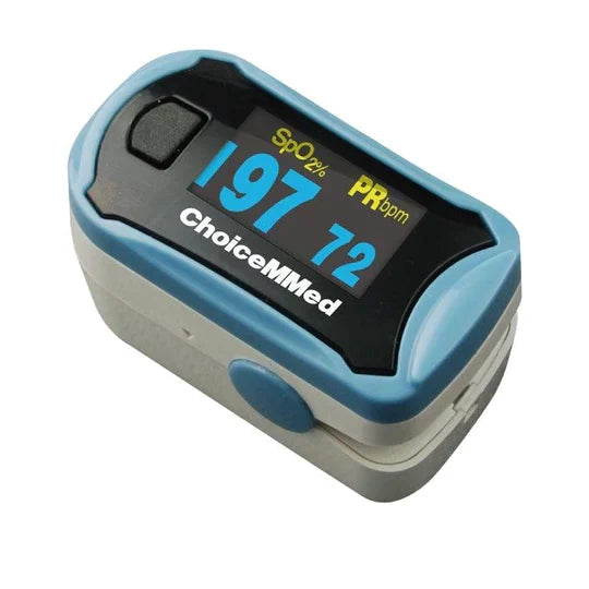 A pulse oximeter displays SpO₂ 97% and PR bpm 72 on its screen; it rests on a white background. ChoiceMMed is printed on the device.