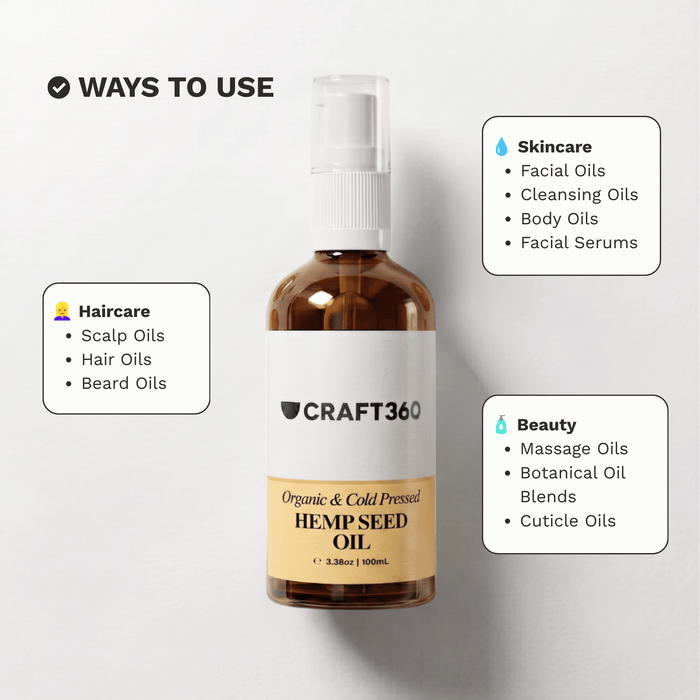 Infographic showing common skincare, haircare and formulation uses for Organic Golden Hemp Seed Oil