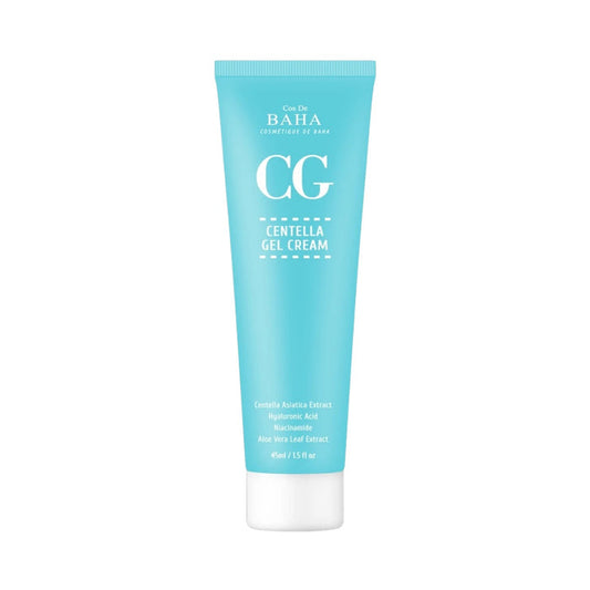 COS DE BAHA (CG) Centella Gel Cream is a lightweight moisturizer suitable for all skin types, especially sensitive or irritated skin. It features Centella Asiatica Extract, known for its healing and soothing properties. This formula is enriched with Niacinamide to brighten and strengthen the skin barrier, and Glycerin and Sodium Hyaluronate to provide deep hydration. Aloe Vera and Green Tea Extract calm the skin, while Caffeine tightens and Panthenol improves skin texture. This gel cream is perf