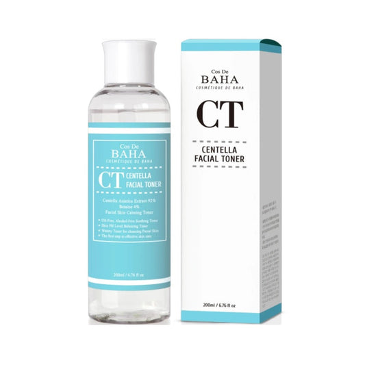 COS DE BAHA (CT) Centella Facial Toner is a revitalizing toner ideal for all skin types, especially beneficial for sensitive or irritated skin. Formulated with 92% Centella Asiatica Extract, it provides exceptional soothing and healing properties. Additional ingredients like Aloe Vera and Green Tea Extract help calm the skin and reduce redness, while Allantoin promotes skin smoothness and hydration. This toner effectively preps the skin, enhancing the absorption of subsequent skincare products f