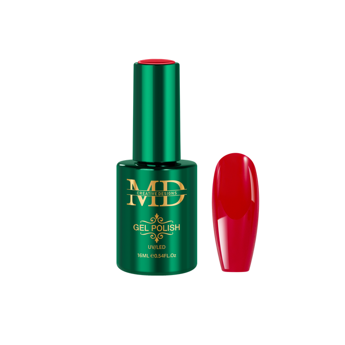 Green gel polish bottle with red nail tip color swatch on a white background