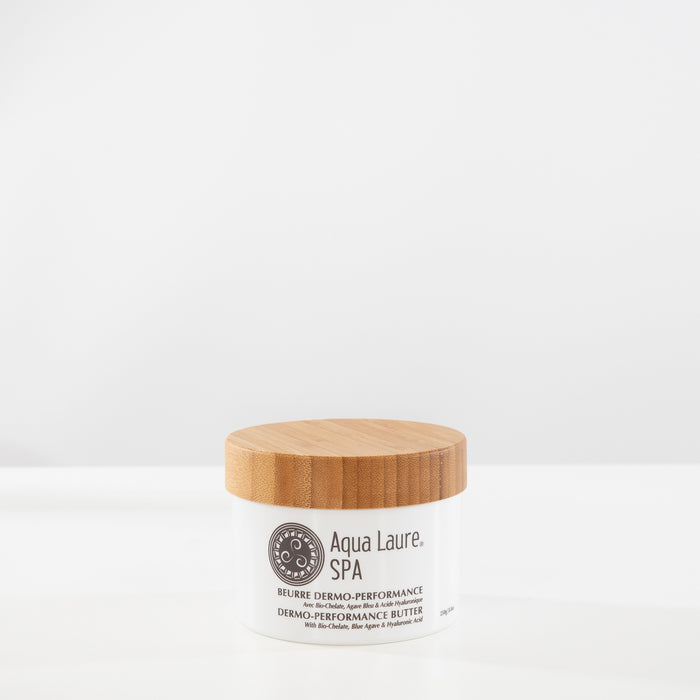 Aqua Laure SPA Dermo-Performance Butter jar with bamboo lid, featuring Bio-Chelate, Blue Agave & Hyaluronic Acid for skin hydration and renewal.
