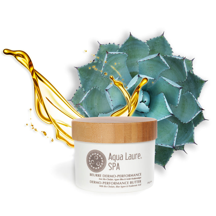 Aqua Laure SPA Dermo-Performance Butter with Blue Agave & Hyaluronic Acid, shown with golden serum splash and succulent leaf backdrop