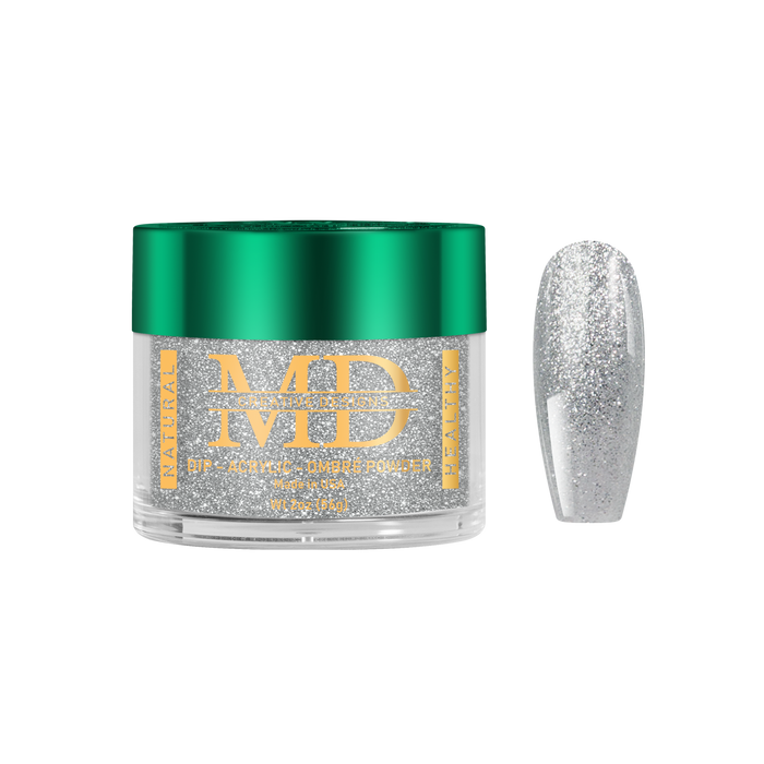Jar of MD nail powder with a glittery silver nail tip on a white background