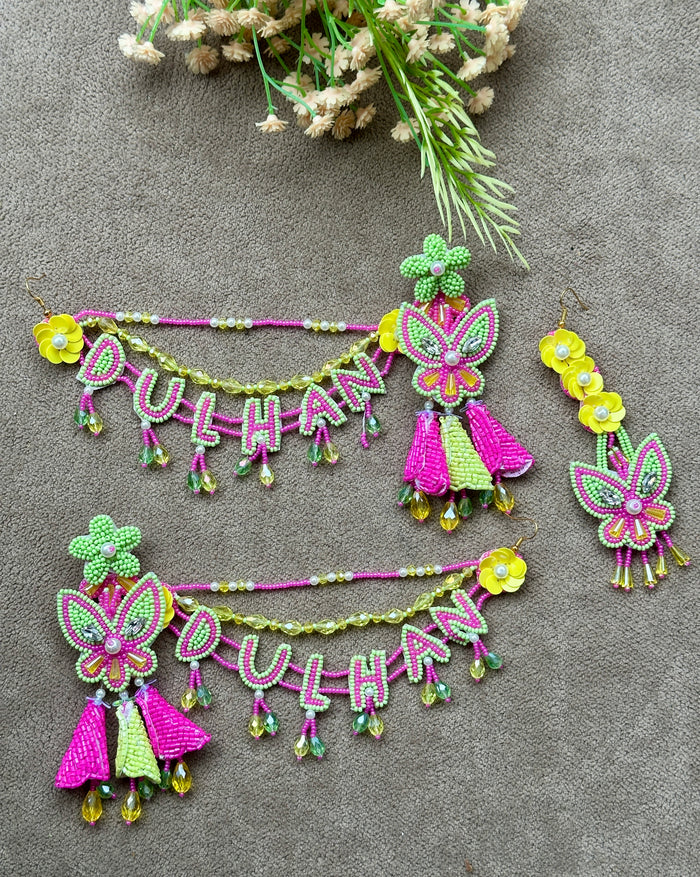 Dulhan Beaded Necklace Set with Earrings & Tikka – Green & Yellow