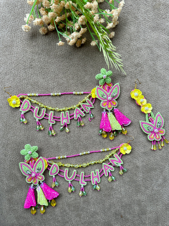 Dulhan Beaded Necklace Set with Earrings & Tikka – Green & Yellow