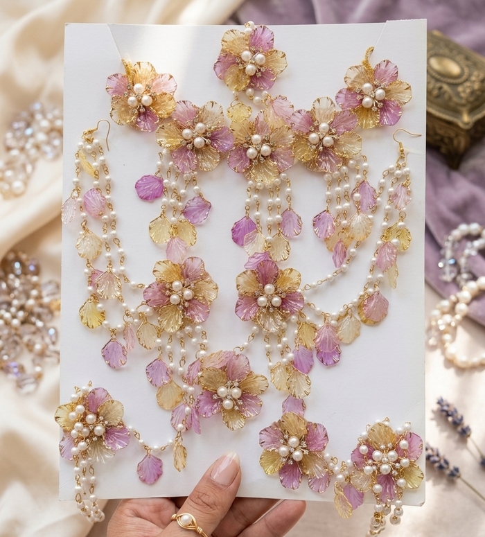 Elara Regal Floral & Pearl Statement Resin Jewellery Suite - Amethyst and Golden Topaz Set RJ005