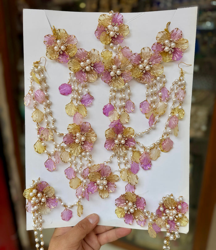 Elara Regal Floral & Pearl Statement Resin Jewellery Suite - Amethyst and Golden Topaz Set RJ005