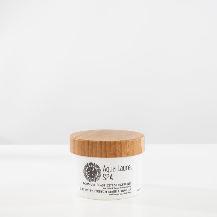 Aqua Laure SPA Elasticity Stretch Mark Formula jar with bamboo lid, featuring Tamanu Oil & Wild Pansy for skin elasticity care