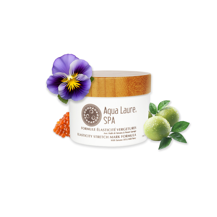 Aqua Laure SPA Elasticity Stretch Mark Formula jar with wild pansy, tamanu oil, and citrus elements for skin care