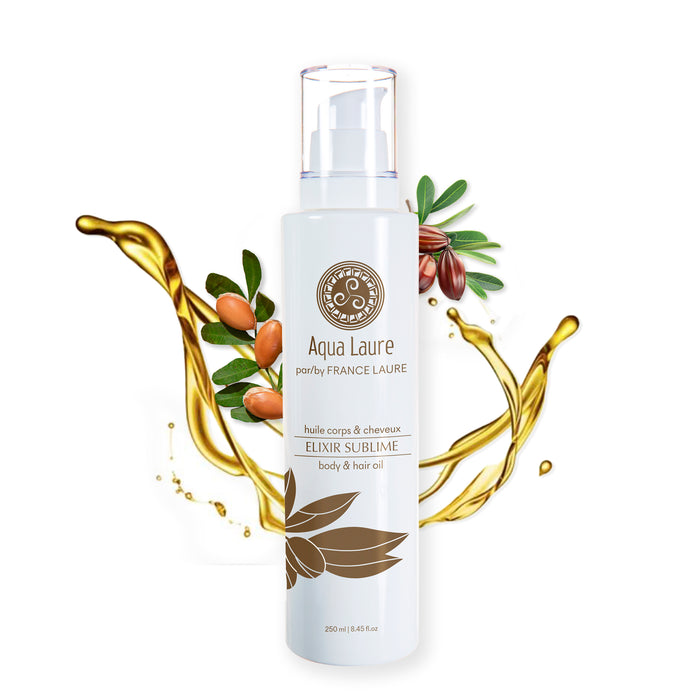 Aqua Laure Elixir Sublime body & hair oil in white bottle with argan nuts and golden oil splash, 250ml