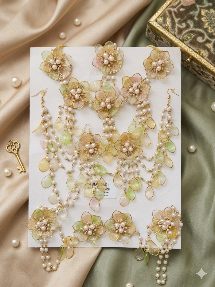 Ethereal Handcrafted Pearl and Gilded Floral Resin Jewellery Set - Complete Bridal/Festive Collection RJ006