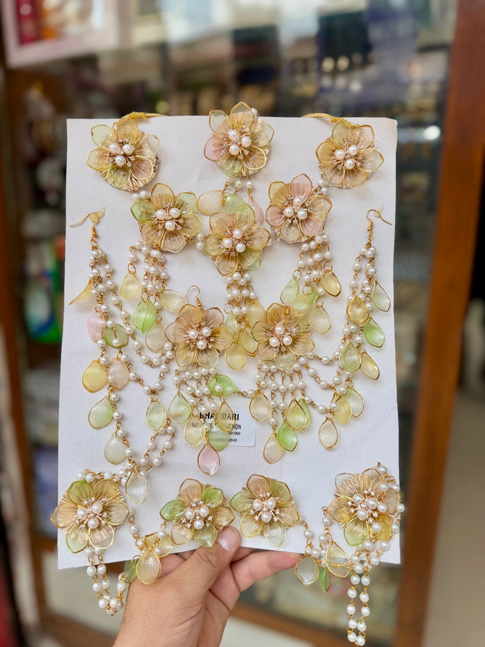 Ethereal Handcrafted Pearl and Gilded Floral Resin Jewellery Set - Complete Bridal/Festive Collection RJ006