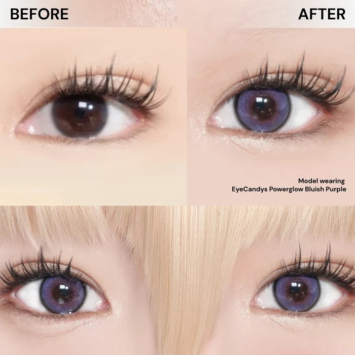 Close-up of eyes before and after wearing EyeCandys Powerglow Bluish Purple lenses. The "after" shows vibrant color, ideal for cosplay or making a statement. Text highlights the model is wearing EyeCandys Powerglow Bluish Purple contacts.
