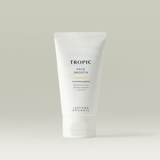Face Smooth nourishing polish with macadamia nut oil, bamboo silica and vitamin E certified organic. White squeezy tube.