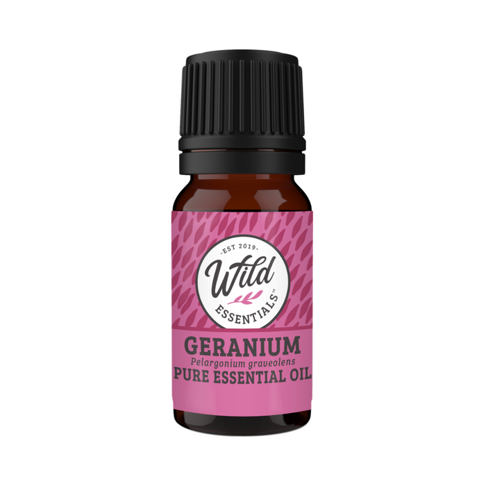 Bottle of Wild Essentials Geranium pure essential oil on a white background