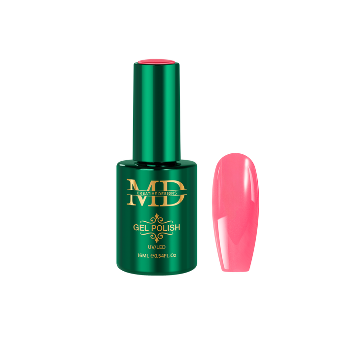 Green gel polish bottle with pink nail tip color swatch on a white background