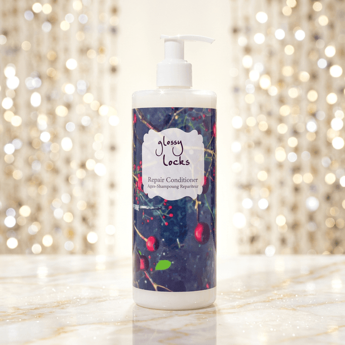 Glossy Locks repair conditioner bottle with a decorative label on a sparkling background