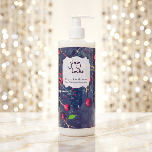 Glossy Locks repair conditioner bottle with a decorative label on a sparkling background