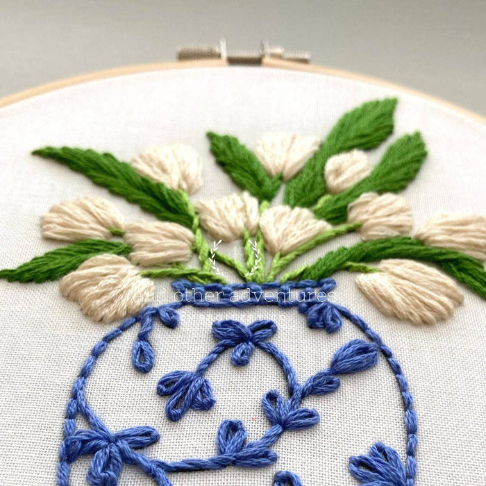 Hand Embroidery Kit - Ginger Jar with White Tulips