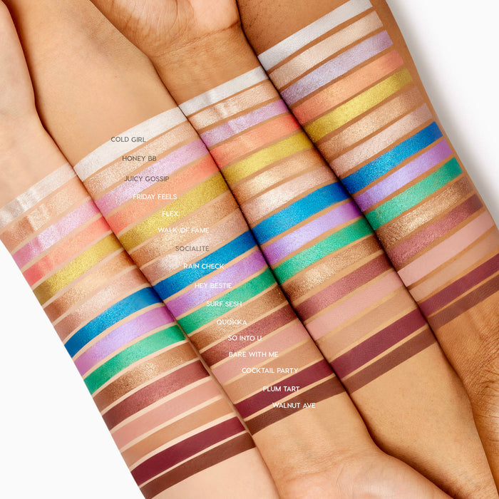 Hey Bestie ColourPop Shadow Stix swatch - a soft shimmery neutral - shown across four arms of varying skin tones with rows of labeled shades to compare color payoff and finish, highlighting the Shadow Stix collection.
