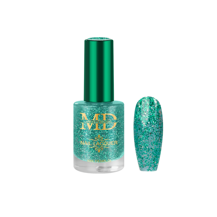 Green glitter nail polish bottle with a matching nail tip color swatch on a white background