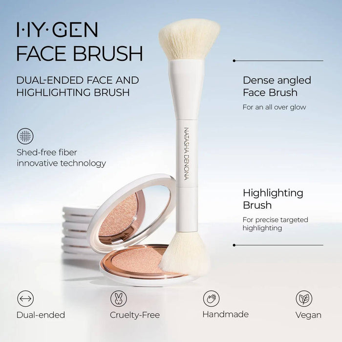 A product image of the dual-ended HY-GEN Face Brush. It features a dense angled end for all-over glow and a smaller highlighting end for targeted application. Key features include shed-free fiber, being handmade, vegan, and cruelty-free.