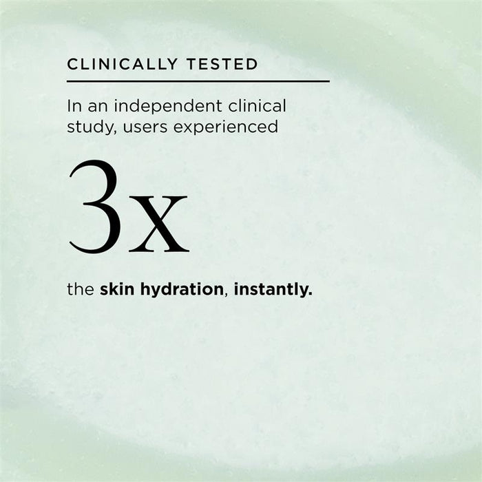 Graphic with text stating 'Clinically Tested – In an independent clinical study, users experienced 3x the skin hydration, instantly' on a light green textured background