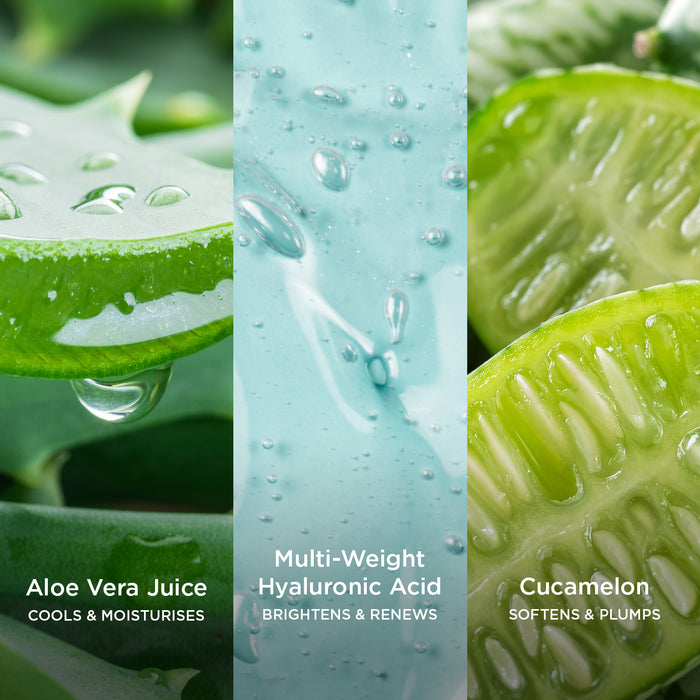 Close-up texture image split into three vertical panels: fresh aloe vera leaf with visible droplets labelled “Aloe Vera Juice – Cools & Moisturises”, a smooth blue gel texture with bubbles labelled “Multi-Weight Hyaluronic Acid – Brightens & Renews”, and sliced cucamelon labelled “Cucamelon – Softens & Plumps”.