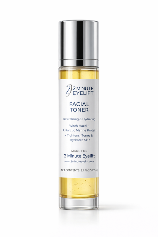 Facial toner bottle with '2 Minute Eyelift' on a white background