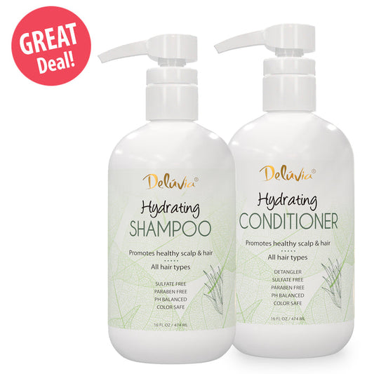 Bottle set of Deluvia Hydrating Shampoo and Conditioner on a white background with a 'Great Deal!' label.
