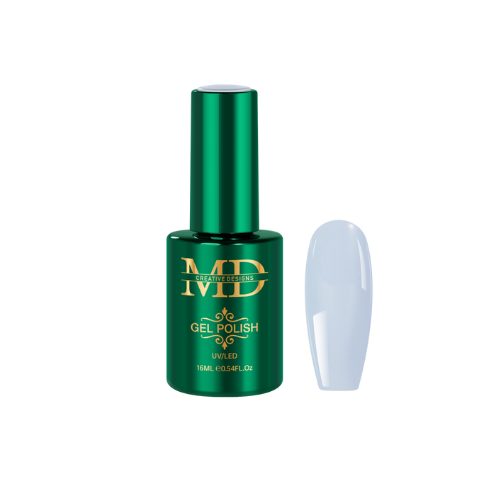 Green gel polish bottle with a light blue nail tip color swatch on a white background