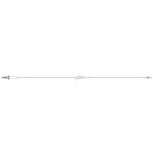 A long, thin intravenous (IV) tubing extends horizontally, featuring connectors at each end, against a white background.