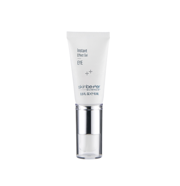 Skincare gel tube labeled 'Instant Effect Gel Eye' by skinbetter science on a white background