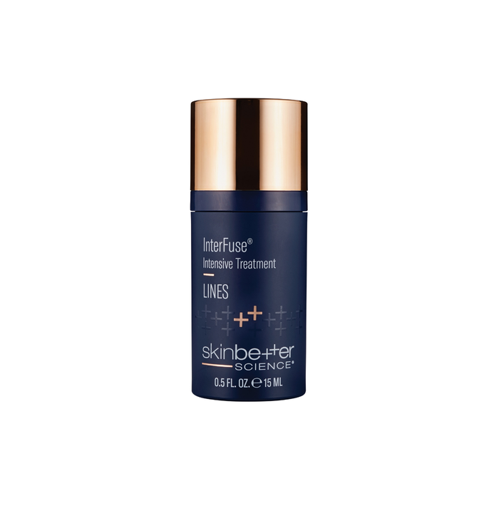 Blue skincare bottle with gold cap on a white background