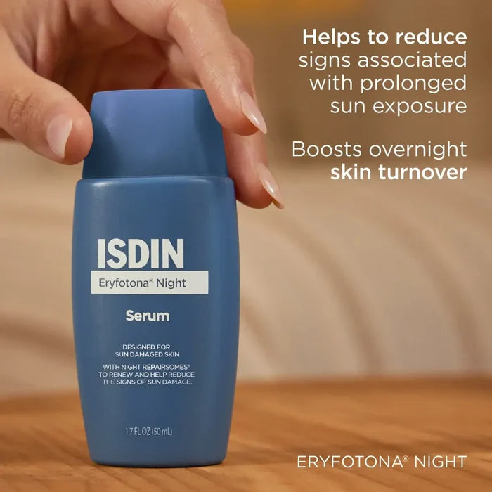 ISDIN Eryfotona Night Serum bottle with sun damage repair claims
